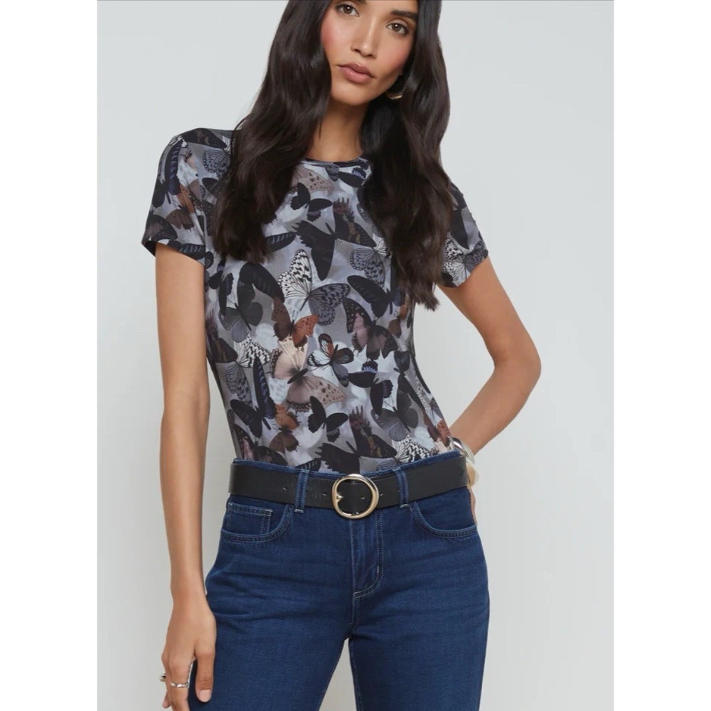 L'Agence Ressi Tee Women's S Multi Dark Butterfly Made In‎ USA Stretch